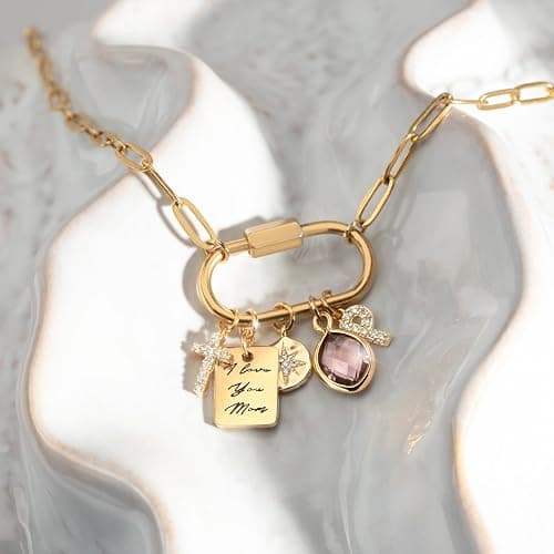 MignonandMignon Gold Charm Necklace for Women, Personalized Gift for Her, Birthday Gift for Mom, Gold Plated Pendant Charms, Handmade Jewelry for Women, Graduation Necklace -P-LOCK-N thumbnail 4