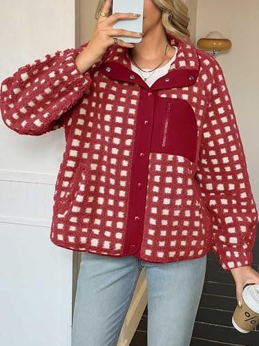 Tankaneo Womens Fleece Sherpa Jacket Fuzzy Checkered Button Down Stand Collar Jacket Winter Warm Outerwear thumbnail 3