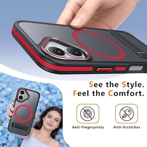MALEWOLF Magnetic & Kickstand for iPhone 17 Case, [Compatible with Magsafe] [Military Grade Protection] Slim Translucent Cover, Shockproof Phone Case for iPhone 17 6.3 Inch (Black/Red) thumbnail 5