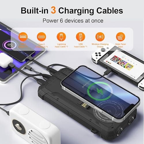 Solar Power Bank 20000mAh Wireless Portable Charger Built-in 3 Cables 15W USB-C Fast Charging Battery Pack Compatible with iPhone, Samsung, iPad, Emergency LED Flashlights Perfect for Camping, Hiking thumbnail 2
