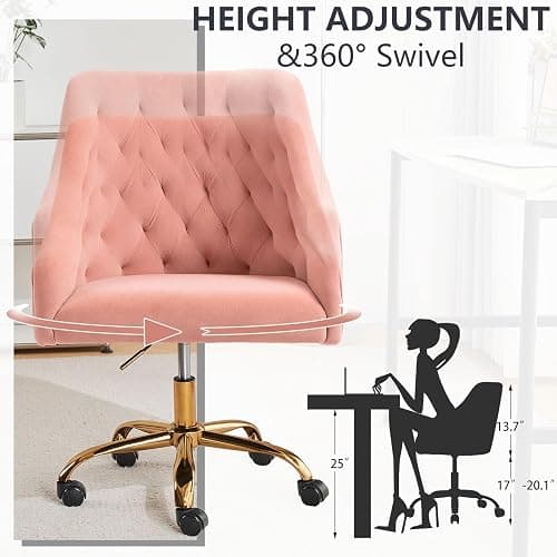 MOJAY Velvet Home Office Desk Chair, Vanity Chair with Wheels Pretty Fancy Gold 360°Swivel Height Adjustable Office Chairs for Girls Home Offices, Bedrooms, Living Room (Pink) thumbnail 5