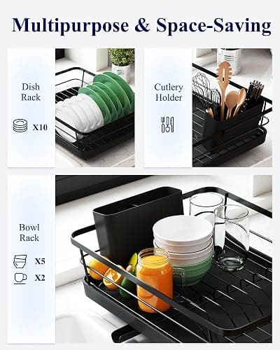 Kitsure Dish Drying Rack for Kitchen Counter, Stainless Steel Sink Organization and Storage Essentials with Cutlery Holder, Home and Appartment Decor, 12''W x 15.5''L, Black thumbnail 4