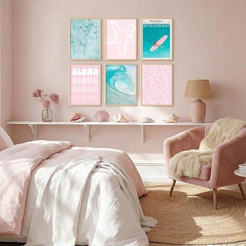 Coastal Wall Art Beach Canvas Poster Summer Surf Wall Decor Pink and Bule Pictures Preppy Aesthetic Prints Ocean Granddaughter Artwork Surfboard Starfish Painting for Girls Bedroom 8x10 Inch Unframed thumbnail 5