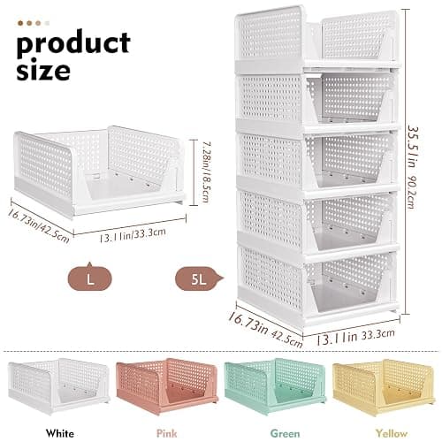 SNSLXH 5 Pack Stackable Closet Storage Basket, Multifunctional & Foldable Closet Organizer for Bathroom Kitchen Laundry Room Wardrobe Storage, Space-Saving Clothes Storage Drawer Organizer, White thumbnail 2