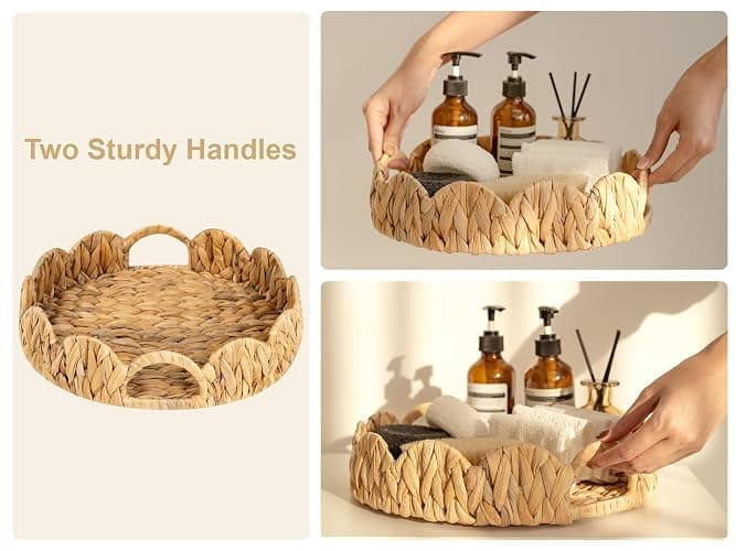 StorageWorks Scalloped Tray, Round Basket Tray Wicker Rattan Serving Tray with Handles, Scallop Basket Table Décor Trays, Water Hyacinth thumbnail 7
