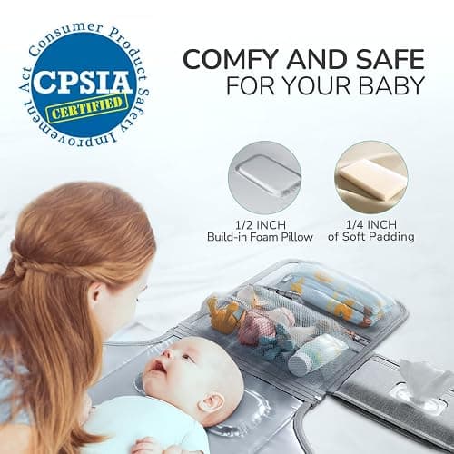 Alatino Portable Diaper Changing Pad for Baby, Detachable Travel Changing Pad with Baby Wipes Pocket, Gifts for Baby Shower, Newborn Girls and Boys (Grey) thumbnail 3