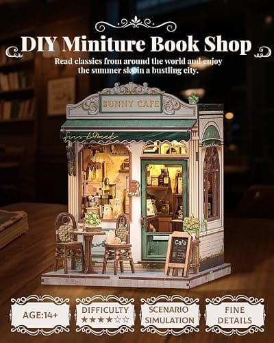 CUTEBEE Book Nook Kit - DIY Miniature House Dollhouse Kit for Adult and Teens, Booknook Bookshelf Decor Alley Model Build with LED Light, Gifts for Family and Friends (Sunny Cafe) thumbnail 7