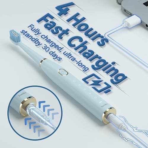 7AM2M Sonic Electric Toothbrush for Adults and Kids- High Power Rechargeable Toothbrushes with 8 Brush Heads,5 Adjustable Modes, Built-in 2-Minute Smart Timer,4 Hours Fast Charge for 30Days (Blue) thumbnail 3