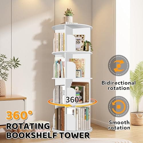RUNSUNSPRI 4 Tier Rotating Bookshelf Tower, Spinning Bookshelf, Revolving 360° Bookcase Storage Round Carousel, Vertical Rotate Turning Spiral Corner Organizer Lazy Susan, White thumbnail 4