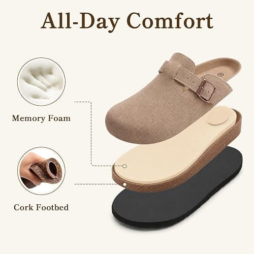 ODOLY Genuine Suede Clogs for Women Men Comfort Cork Footbed Potato Shoes | Unisex Lightweight Slip-On Leather Mules with Arch Support, Adjustable Buckle, Indoor Outdoor Footwear thumbnail 7