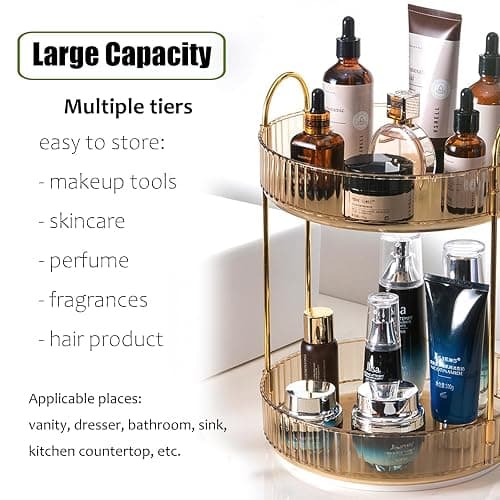 Zufudo Rotating Makeup Organizer Countertop 2 Tier Lazy Susan Trays Clear Skincare Perfume Storage for Bathroom Counter Vanity, Amber Gold thumbnail 4