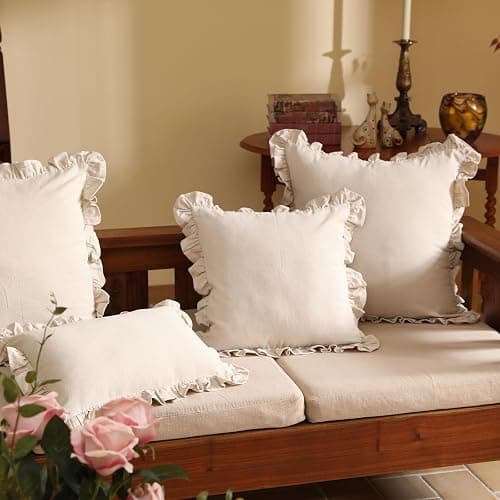patdrea Shabby Chic Linen Decorative Throw Pillow Covers 18"x18" Set of 2, Farmhouse Linen Pillow Covers with Ruffles, Square Sturdy Throw Pillow Case for Couch Sofa Bed Living Room thumbnail 5
