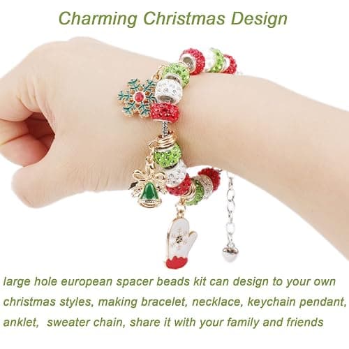 200 Piece Christmas Bead Kit - Large Hole, 180 Rhinestone European Beads, 20 Cute Christmas Pendants for DIY Bracelet Jewelry Making (Red, Green, White) thumbnail 6