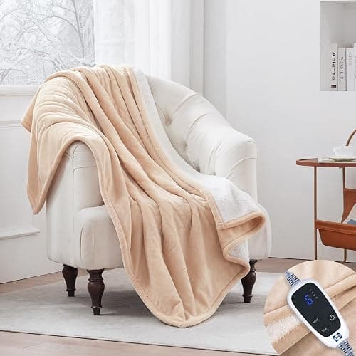 SEALY Heated Blanket Electric Throw, Flannel & Sherpa Heating Throw with 6 Heat Settings & 2-10 Hours Auto Shut Off, Fast Heating & ETL Certification, 50x60 Inch, Beige thumbnail 3