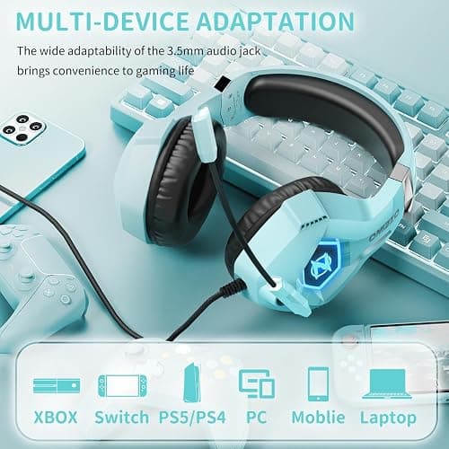 Ozeino Gaming Headset, 3D Sound Effects, Noise Eduction Microphone, Gaming Headphone for Ps4, Ps5, Xbox One, PC, Switch(Light Blue) thumbnail 2