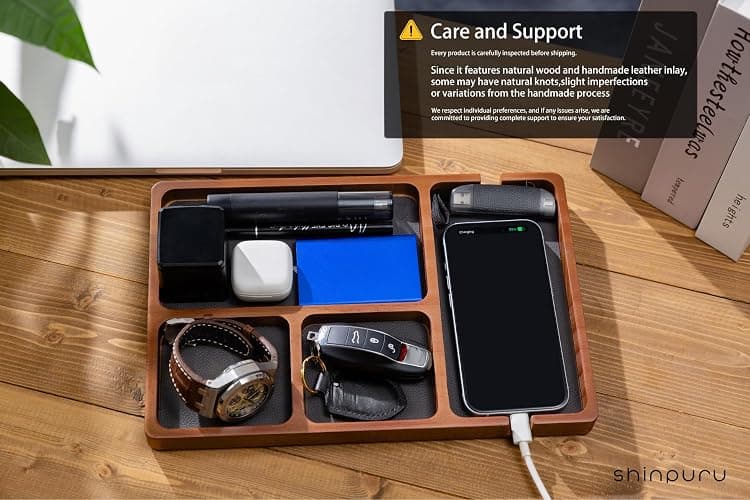 Men's Wooden Valet Tray with Leather Lining Nightstand Organizer, EDC, Catchall Tray - Key Tray, Phone Storage,Valet Tray for Men (Wood) thumbnail 5