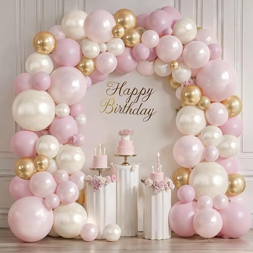 Pink and White Gold Balloon Arch Kit, Double Stuffed Pearl White Pastel Light Pale Pink Champagne Gold Balloons Garland Kit for Wedding Bridal Shower Birthday Party Decorations for Women - Image 1