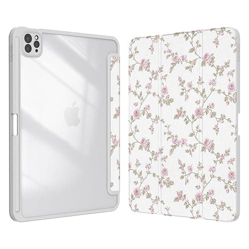 Xkladz Case for iPad Pro 12.9 inch 6th / 5th / 4th Generation (2022/2021/2020), Case with Pencil Holder, Stand Cover for iPad Pro 12.9 inch with Clear Back, Auto Sleep/Wake, Pink Flower - Image 1