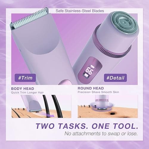 AMURS Bikini Trimmer for Women, Dual-Head Electric Body Hair Trimmer for Sensitive Areas, LED Battery Display, IPX7, USB-C Rechargeable Groomer for Bikini Line, Underarms, Legs & Face (Lilac Mist) thumbnail 3
