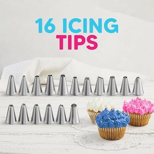 Riccle Piping Bags and Tips Set, 11.8 Inch 100 Anti Burst Piping Bags, 124 Pcs Cake Decorating Kit with 16 Piping Tips, 1 Reusable Pastry Bags, 3 Cake Scrapers, 2 Couplers, and 2 Icing Bags Ties thumbnail 3