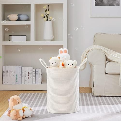 VIPOSCO 58L Tall Woven Laundry Basket Hamper, White | Cotton rope basket, collapsible wicker hamper, panier a linge, storage for gift, blanket, dirty clothes, for bathroom thumbnail 3