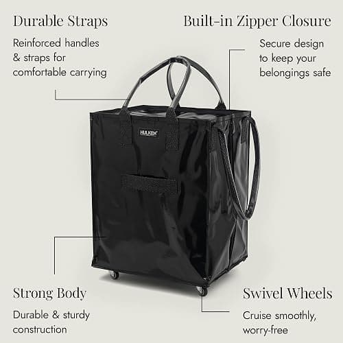 HULKEN - Large, Black - Reusable Grocery Bag On Wheels, Shopping Trolley, Rolling Tote, Zipper Closure, Lightweight, Carries Up to 66 lb & Fits 5 Grocery Bags, Folds Flat, Unbreakable Handles thumbnail 8