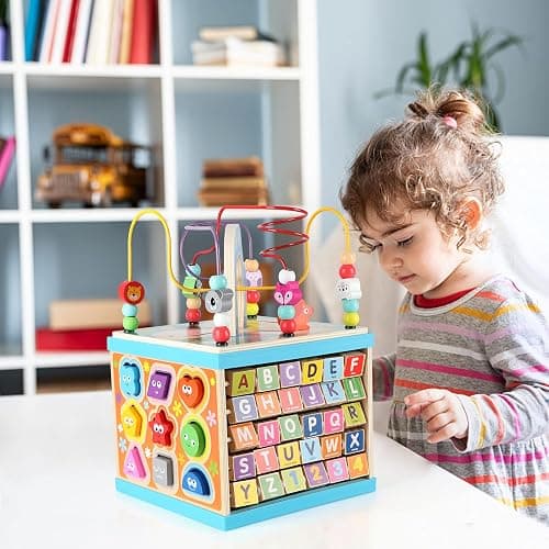 Qilay Wooden Activity Cube for Toddlers 1-3 (Large), 5 in 1 Multipurpose ABC-123 Abacus Bead Maze Shape Sorter | Early Educational Toy for Toddlers - First Birthday Present for Boys Girls thumbnail 2