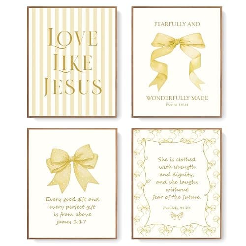 LARTSFRO Coquette Yellow Bow Jesus Wall Art Decor Posters, Butter Yellow Bow Christian Room Bedroom Bathroom Dorm Wall Art Decor Aesthetic for College Teen Girls Gifts, Inspirational Bible Verses Bow Wall Decor, 10x8 Inch Set of 4 Bow Pictures(UNFRAMED) - Image 1