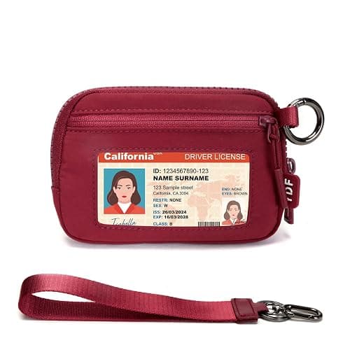 Keychain Wallet for Women Mini Zip Card Holder with ID Window Coin Purse Detachable Wristlet Small Wallets Burgundy - Image 1