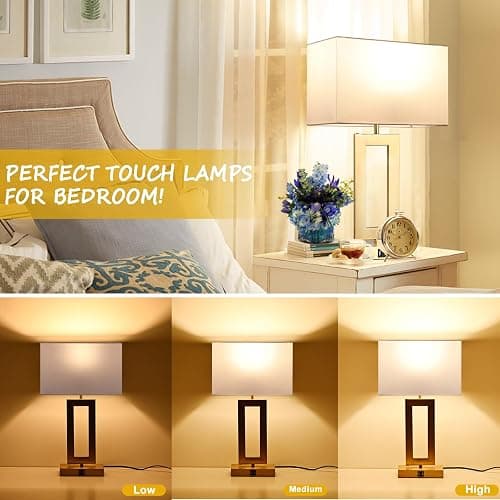 BrightWe 22’’ Set of 2 Touch Control Table Lamps w. 2 USB Ports, 3-Way Dimmable Bedroom Bedside Nightstand Touch Lamps, Modern Gold&White Lamps for Living Room End Table, LED Bulbs Included thumbnail 3