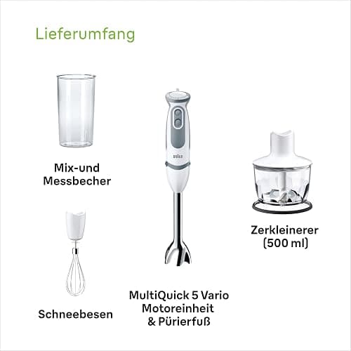 Braun Household Stabmixer MQ 5235WH Stabmixer – MultiQuick 5 Vario Pürierstab mit Edelstahl Mixfuß, 1000 Watt, inkl. 3-teiligem Zubehör-Set, weiß/grau [Energieklasse A] thumbnail 7