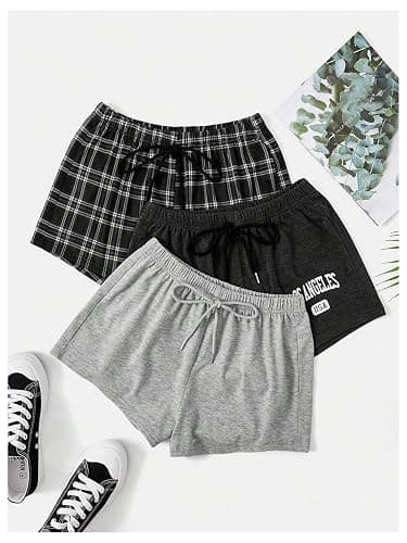 WDIRARA Women's 3 Pack Plaid Letter Graphic Pajama Shorts Lounge Shorts | Elastic Waist ,Comfortable,Home Living,Sleepwear thumbnail 5