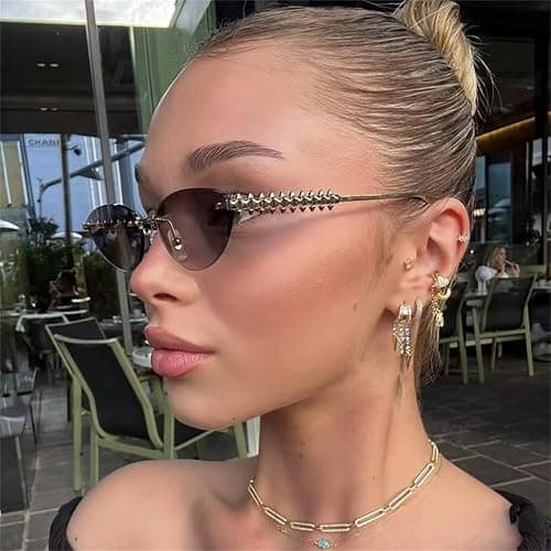willochra Trendy Rimless Cat Eye Metal Sunglasses Vintage Small Oval Outdoor Eyewear UV400 Protection for Women Men thumbnail 4