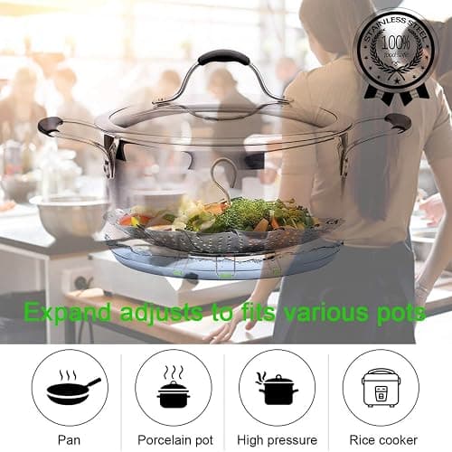 Steamer Basket Stainless Steel Vegetable Basket Metal Handle Folding Silicone Feet Steamer Insert for Cooking Veggies Fish Seafood Include Safety Tool,Fit Various Pot Pressure Cooker (5.3" to 9") thumbnail 7