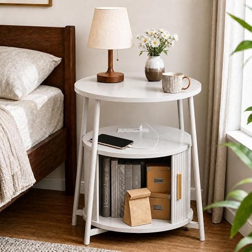 DHH Round End Tables with Charging Station, Fluted Accent Side Table with Sliding Door, Mid-Century Modern Nightstand for Small Space Storage, Living Room, Bedroom,Sofa Couch(1, White) - Image 1