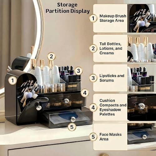 RONGZHIERK Makeup Organizer for Vanity with Covered Brush Holder，Bathroom Organizers with Drawer，Skin Care Organizer，Makeup Organizers for Vanity with Drawer，Large Makeup Storage for Dresser, Black thumbnail 4