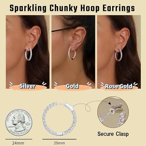 Gold Hoop Earrings for Women 14K Gold Plated Cubic Zirconia Hoop Earrings for Women 30mm Diamond Hoop Earrings Valentine's Day Mother's Day Birthday Jewelry Gift for Women thumbnail 4