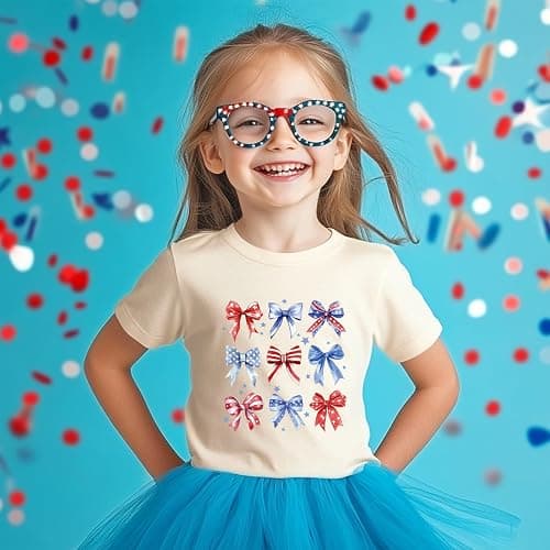 Goengmo Toddler Girl American Flag Shirt 4th of July Tshirt Cotton Short Sleeve Tees 2-12 Years - Bow Apricot - 11-12 Years thumbnail 2