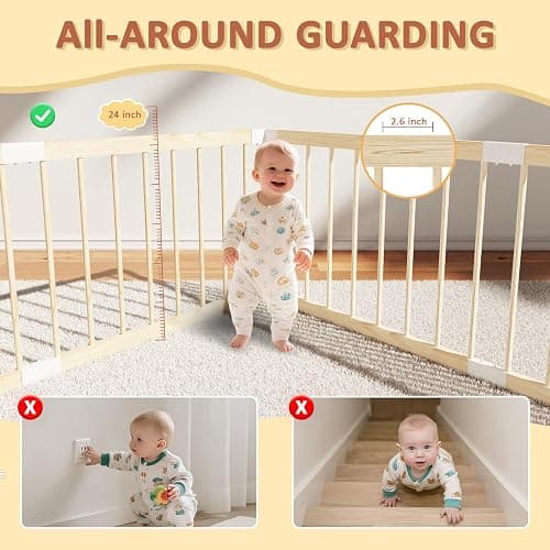 Baby Playpen,Wooden and Toddler Playpen,Play Pen for Babies and Toddlers Kids Indoor,Wooden Babies with Locking Baby Gate,Easy to Assemble,Play Pen Area Indoor, Non-Collapsible(53x53x24 Inch) thumbnail 5