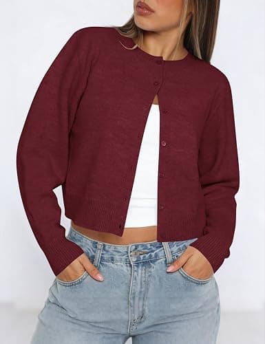 Kistore Cropped Cardigan Sweaters for Women Lightweight Knit Clothes 2026 | Fashion Clothing,Button Up Cardigan,Short Cardigans for Women,Long Sleeve Cardigan,Y2k Outfits for Women,Crew Neck Cardigan thumbnail 2
