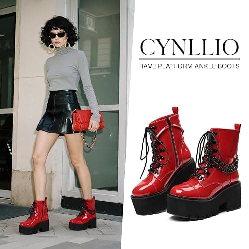 CYNLLIO Platform Ankle Boots for Women Combat Chunky Wedge Heel Boots Rave Goth Lace Up & Zipper Booties Punk Chain Shoes for Festival Concert Cosplay Party thumbnail 2