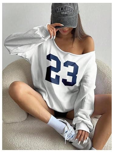 Verdusa Women's Number Off The Shoulder Tops Y2K Streetwear Oversized Sweatshirt thumbnail 4