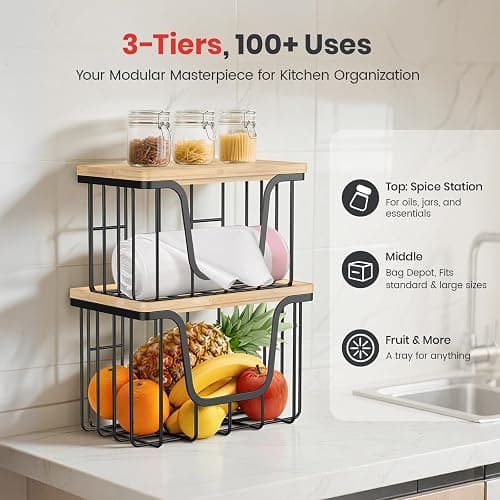 KONE Large Trash Bag Holder, 2 Pack Garbage Bag Dispenser, Storage Stackable Kitchen Organizer with Bamboo Top, Wall Mount Laundry Pantry Organization Black thumbnail 3