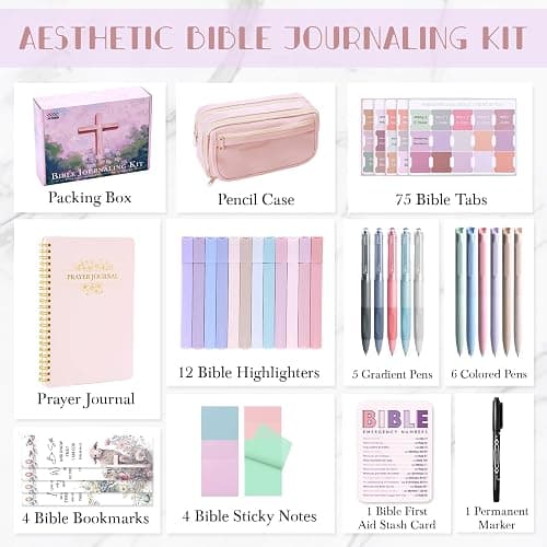 XKDOUS Bible Study Supplies Journaling Kit for Women, Bible Study Kit, 12 Pastel Highlighters and 12 Pens No Bleed, 75 Laminated Tabs, Prayer Journal Pencil Case and More, Pink thumbnail 8