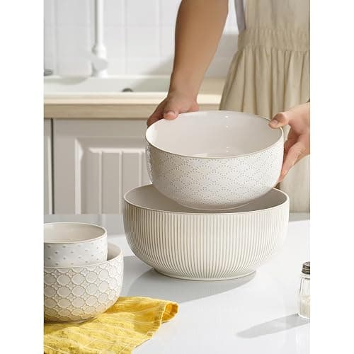 Mikiegy Ceramic Mixing Bowls Set of 4, Nesting Ceramic Embossment Stoneware Mixing Bowls for Cooking, Serving, Popcorn, Salad etc, Microwave & Dishwasher Safe, 20/44/98/145 oz, Off-White thumbnail 8