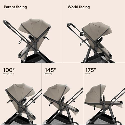 Mompush Wiz 2-in-1 Bassinet Stroller Reversible Seat, One-Hand Fold, Khaki | Newborn to toddler, large wheels with suspension, multi-position recline, UPF 50+ canopy, large basket, cup holder included thumbnail 5