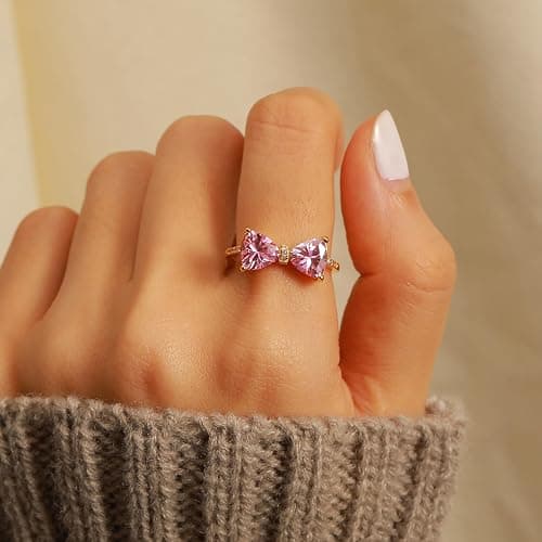 AIBELOPY Pink Bow Rings for Women 925 Sterling Silver 14K Gold Plated Cute Dainty Cubic Zirconia Promise Rings for Her Open Adjustable Stackable Rings Jewelry Birthday Mothers Day Gifts for Her thumbnail 3