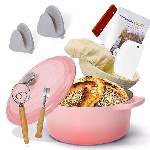Enameled Cast Iron Dutch Oven with Proofing Basket, Non-Stick Ovenproof Casserole Pot, Pink Dutch Oven for Braising, Stews, Roasting & Bread Baking 5Litres-26cm - Image 1