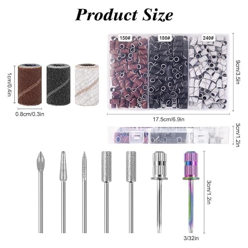 BELICOO Sanding Bands for Nail Drill 300Pcs, w/ 7Pcs Nail Drill Bits, 150#180#240#Grit Nail Sanding Bands for Manicures Pedicures, Electric Nail File Bits thumbnail 3