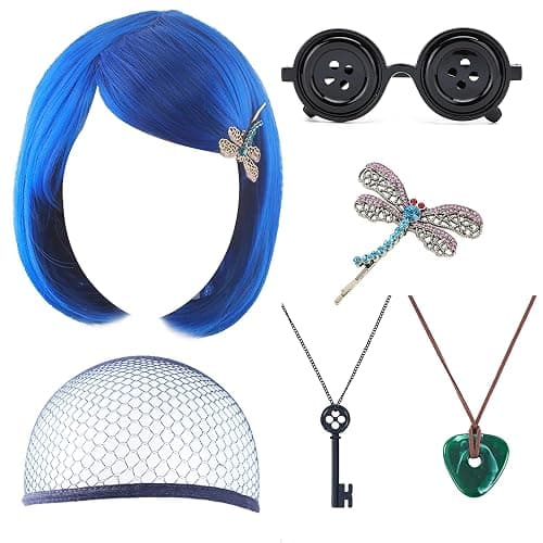 ANZWTLOYY Halloween Button Eyes Glasses Blue Bob Wig Key Necklace Green Stone Necklace Dragonfly Hair Clips Halloween Costume Cosplay Merch Merchandise - Image 1